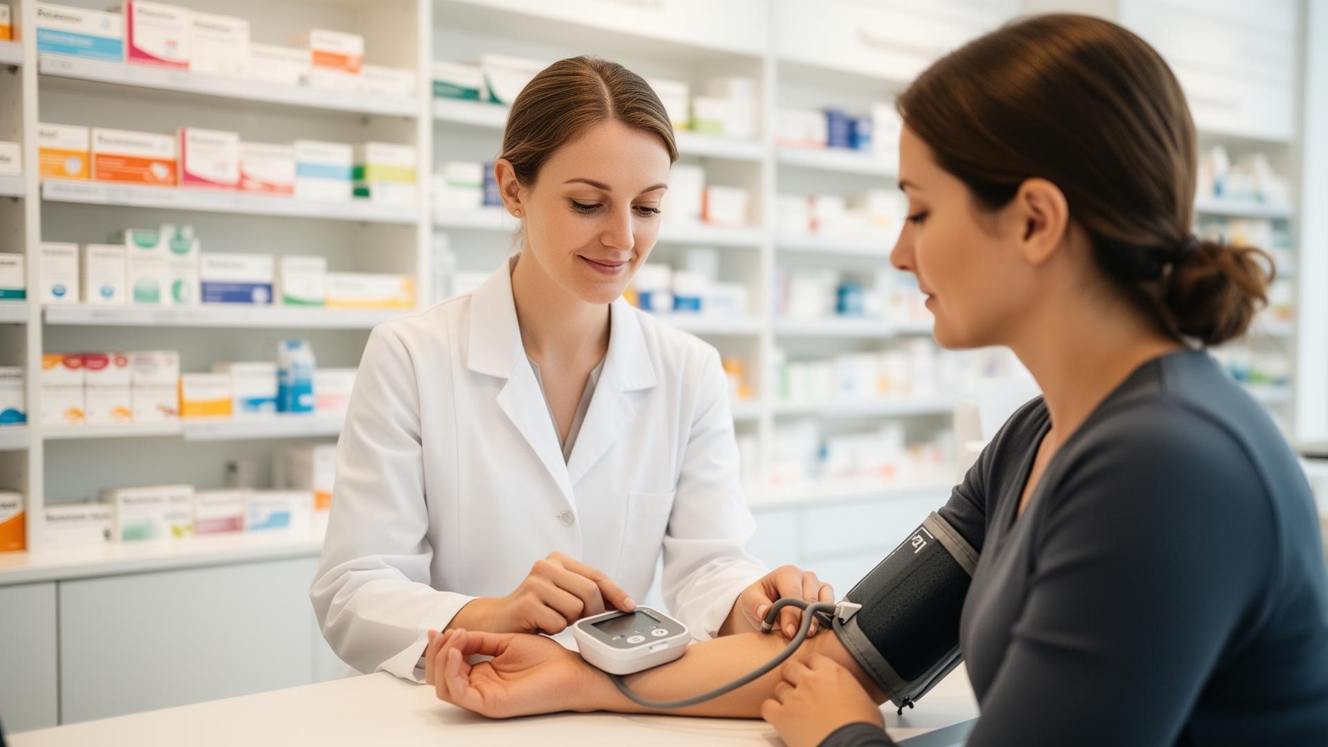 Apothekerin misst einer Patientin den Blutdruck im Rahmen eines POCT in einer Wiener Apotheke